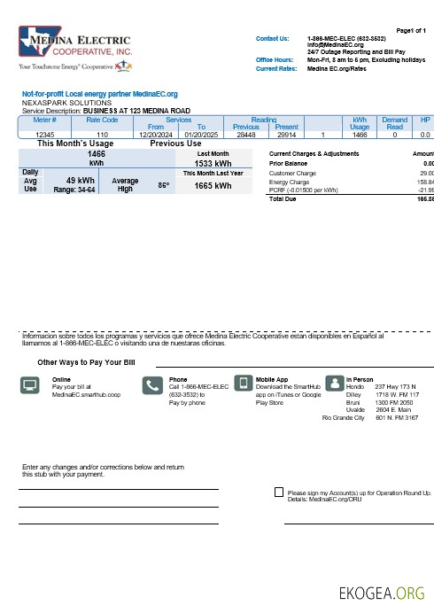 Modèle de facture de services publics d'entreprise USA Texas Medina Electric aux formats Word et PDF